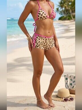 Leopard Print Triangle Bikini Short Set with Pink Trim - Women's Swim Suit Med
